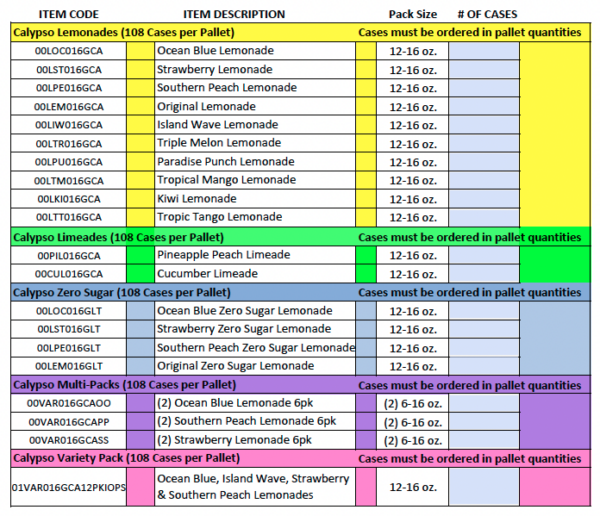 A table listing various Calypso Lemonades flavors, item codes, descriptions, pack sizes, and number of cases, with different categories highlighted in yellow, green, blue, purple, and pink.